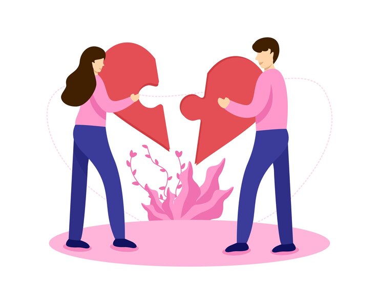Vector romantic couple holding a love puzzle flat vector illustration