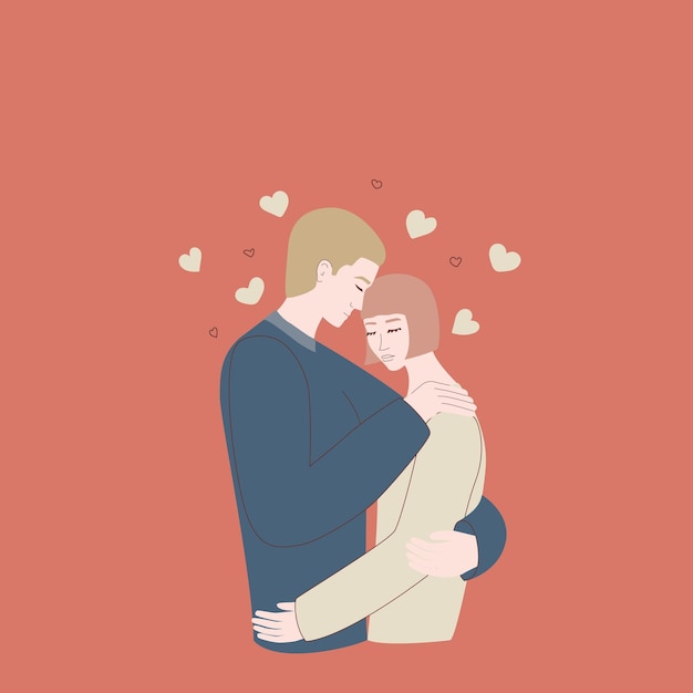 Romantic couple, hug, closed eyes, flat illustration, line art, support, relationship, in love, love