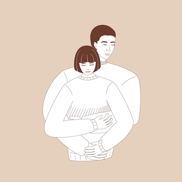 Romantic couple, hug, closed eyes, flat monochrome illustration, line art