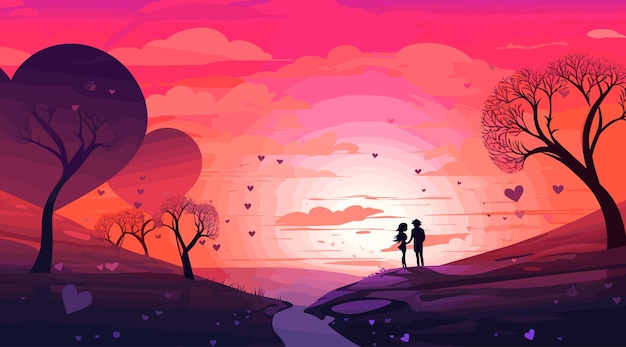 Romantic couple hugging on crimson sunset with hearts vector illustration