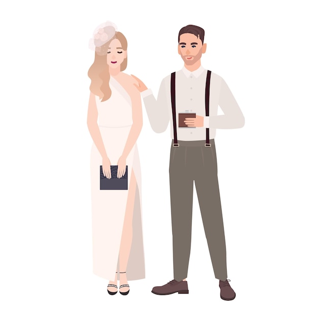 Романтическая пара в модных вечерних нарядах, стоящих вместе на белом фоне. стильный мужчина и женщина, одетые для вечеринки, бала или официального мероприятия. плоские векторные иллюстрации шаржа.