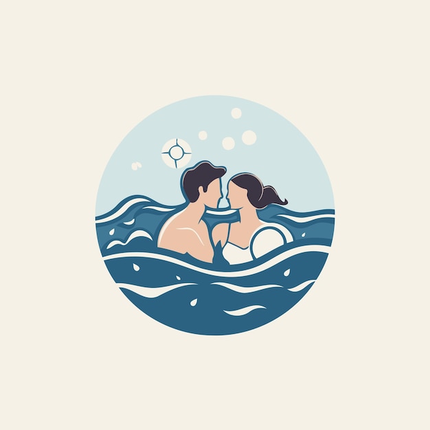 Vector romantic couple kissing in the sea vector illustration in flat style