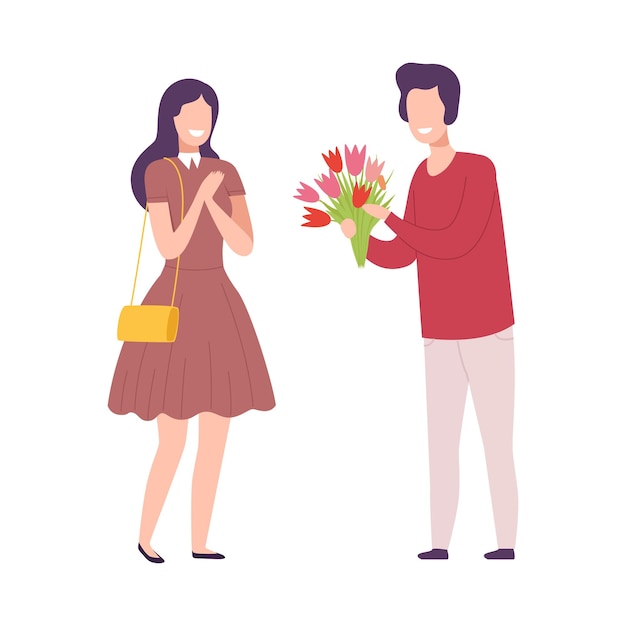 Vector romantic couple in love man giving bouquet of flowers to beautiful smiling woman flat vector illustration