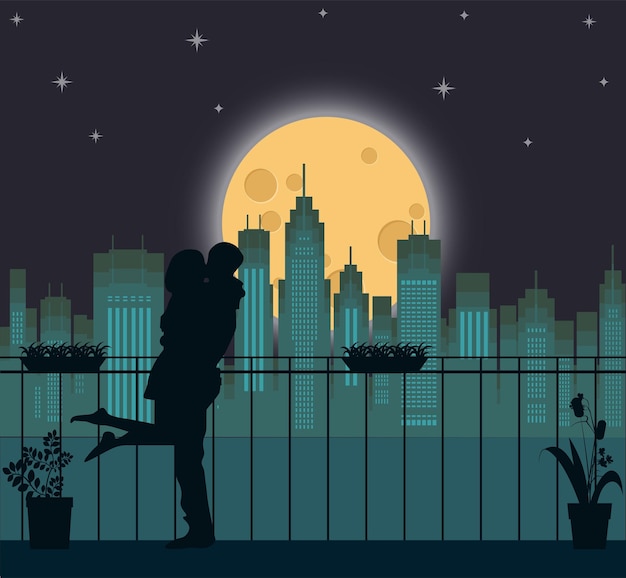 Vector romantic couple lover under the moonlight with cityscape background