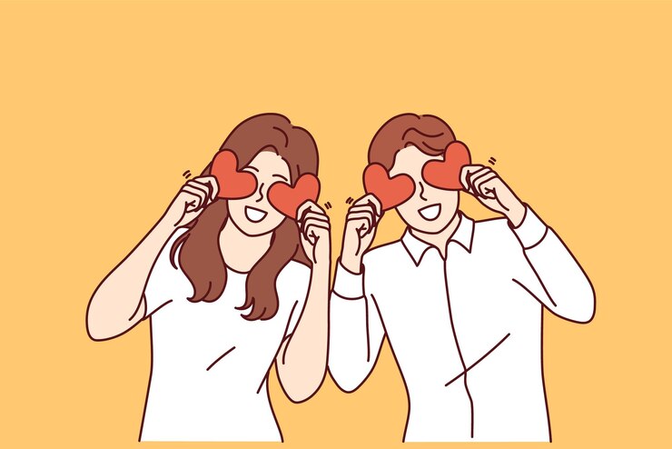Vector 남자 와 여자 의  ⁇ 만적 인 커플 은 눈 앞 에 심장 형태 의 발렌타인 카드 를 들고 있다