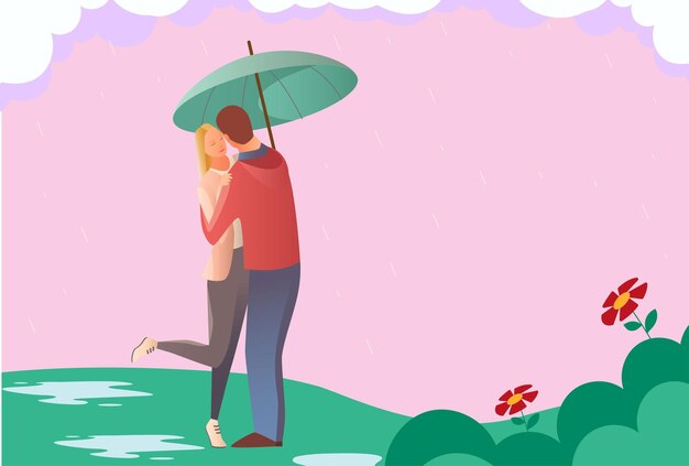Coppia romantica uomo e donna innamorati che si baciano sotto le gocce di pioggia nei parchi