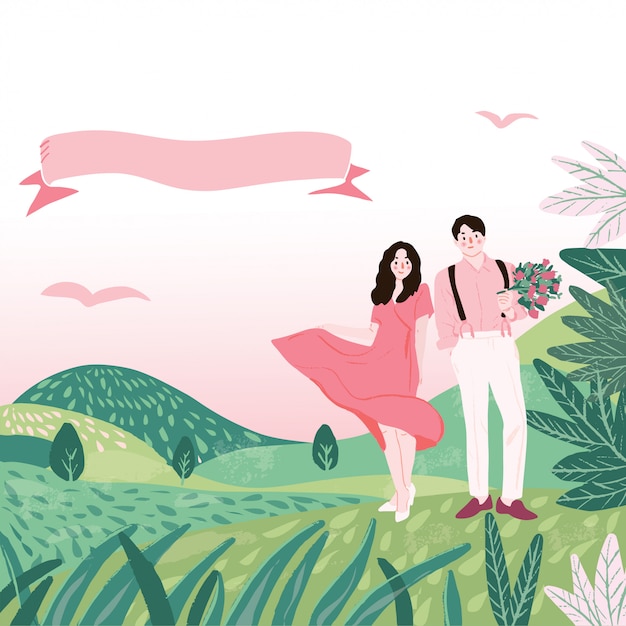 Vector romantic couple on meadow