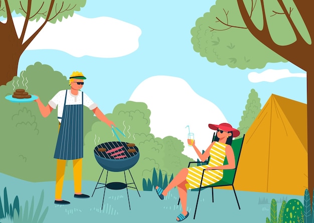 Coppia romantica persone insieme barbecue all'aperto campeggio natura fuori giardino parco barbecue cuoco piatto vettoriale illustrazione resto della tenda selvaggia