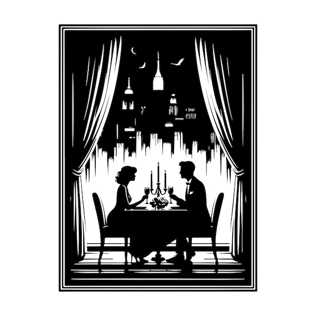 Силуэт романтической пары Пара сидит в ресторане