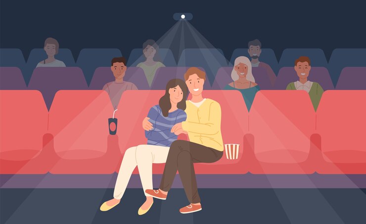 Vector 영화관이나 영화관에 앉아서 포옹하는 로맨틱 커플. 젊은 남자와여자가 함께 영화 또는 영화를보고. 전면보기. 플랫 만화 스타일의 다채로운 그림입니다.