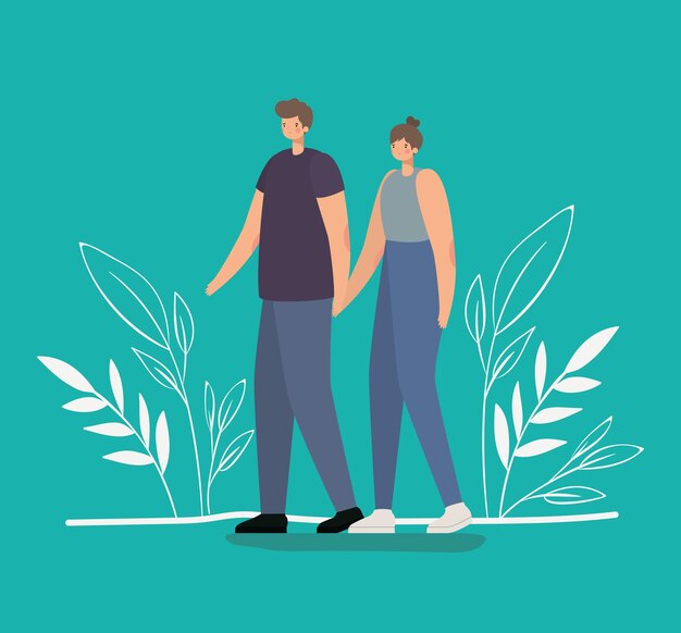 Vector romantic couple walking in nature