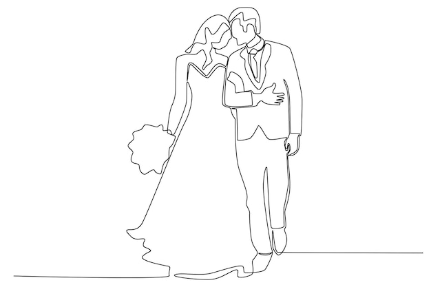 A romantic couple walking while carrying a bouquet Wedding oneline drawing