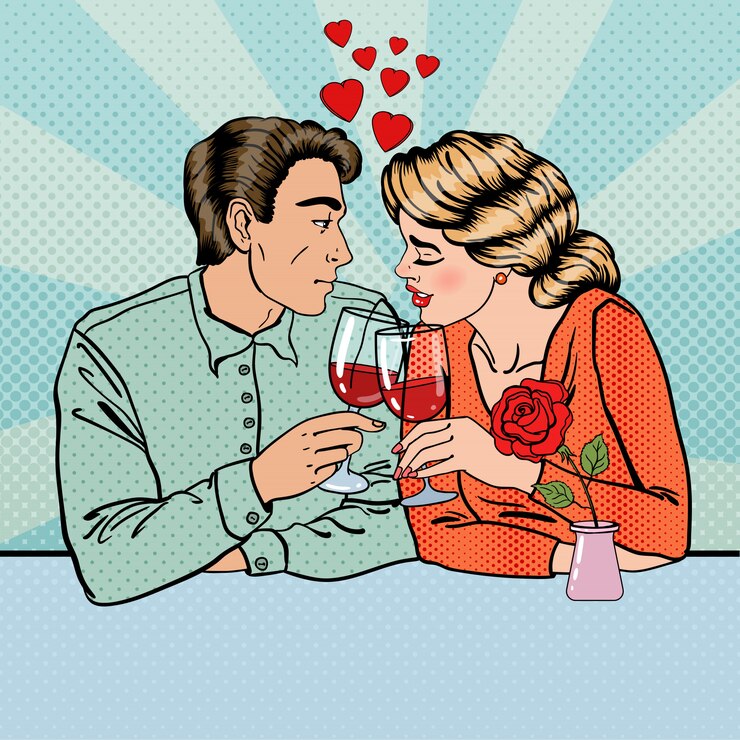 Vector 레스토랑에서 와인 잔과 로맨틱 커플. 팝 아트.