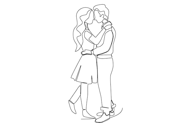 Romantic couple young man and woman kissing while standing one line art