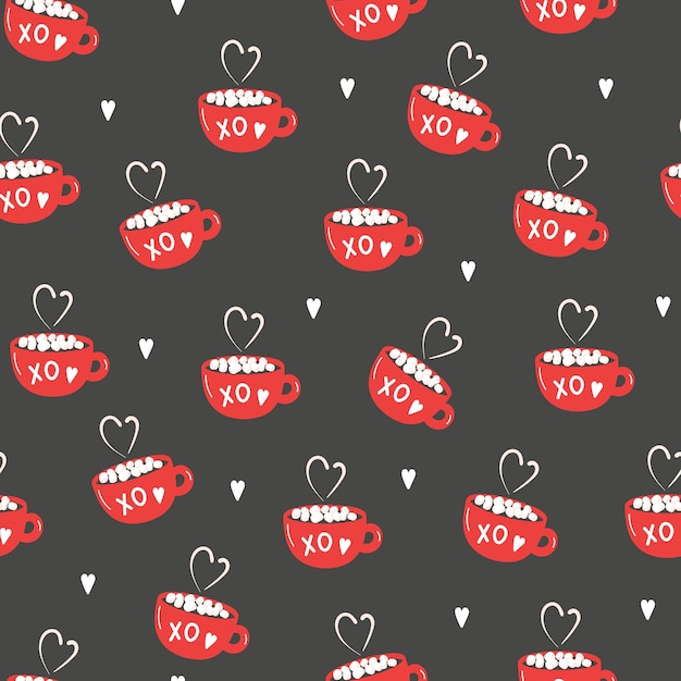 Romantic cups with hearts on dark background. Seamless pattern for Valentines day