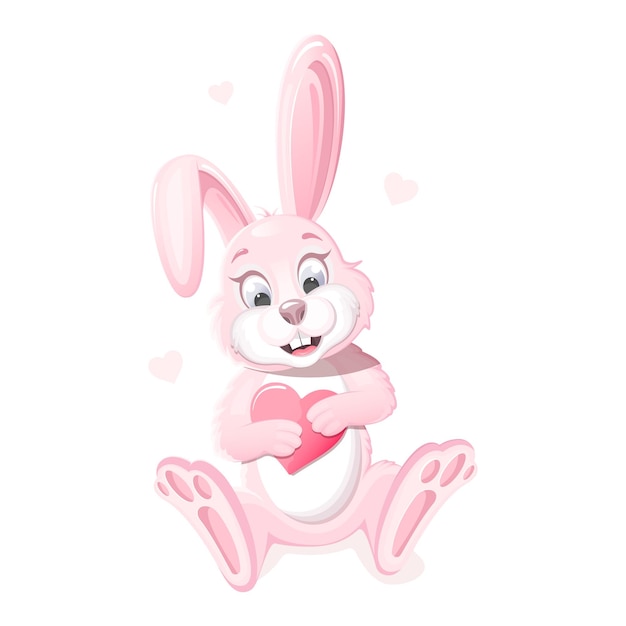 Романтичный, милый розовый кролик улыбается и держит сердце