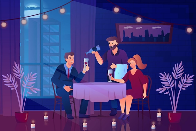 벡터 테이블에 앉아 와인을 마시는 남자와 여자를 사랑하는 평면 만화 디자인의 낭만적 인 날짜 개념