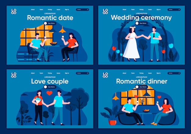 ロマンチックな日付フラットランディングページセット。ボーイフレンドとガールフレンドの関係、ウェブサイトまたはcmsウェブページのバレンタインデーのシーン。愛のカップル、ロマンチックなディナー、結婚式のイラスト