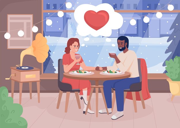 Vector romantic date at restaurant flat color vector illustration