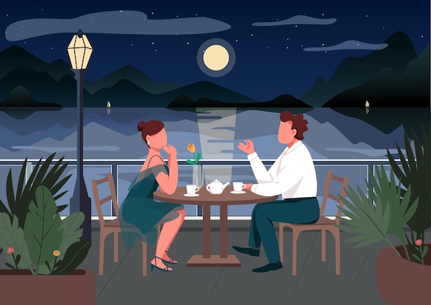 Romantic date in seaside resort town  color  illustration