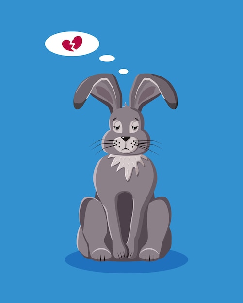 Coniglio grigio depresso romantico su sfondo blu. personaggio dei cartoni animati piatto isolato