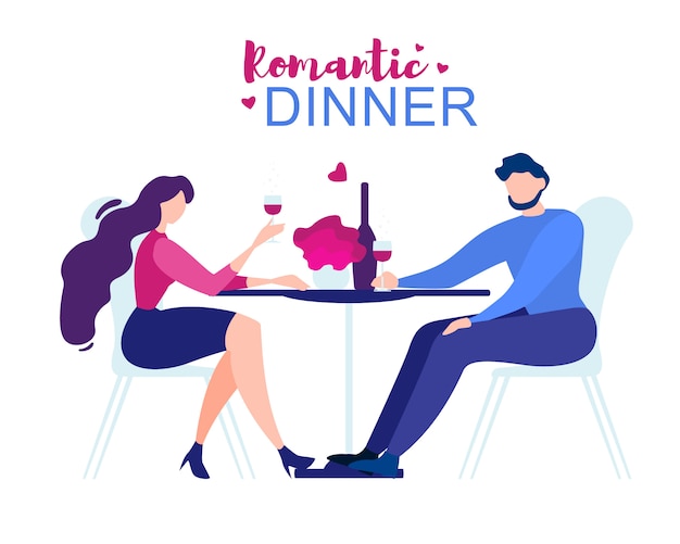 Vettore cena romantica cartoon man woman restaurant table