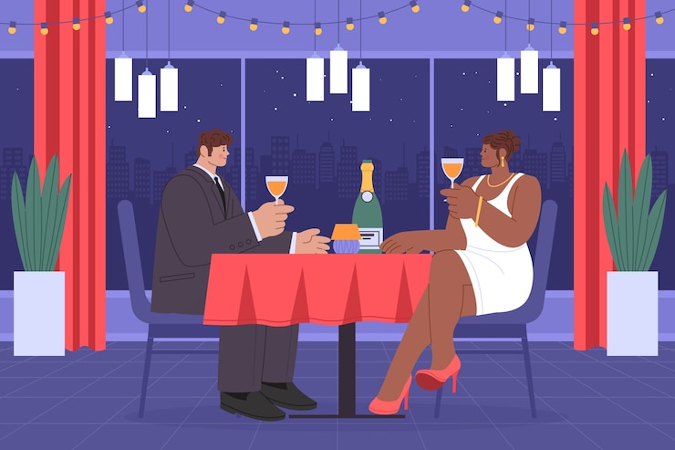 Vector romantic dinner date with wine