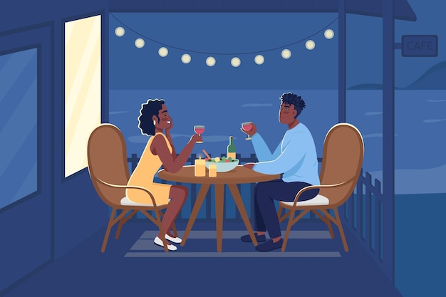 ロマンチックなディナー屋外フラットカラーベクトルイラスト。裏庭で一緒にワインを飲みながら時間を過ごすパートナー。背景に海辺の風景とボーイフレンドとガールフレンドの2d漫画のキャラクター