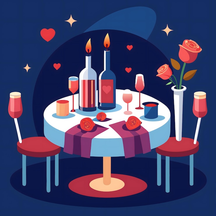 Vector a romantic dinner setup with candles roses and wine glasses on a small cozy table for two