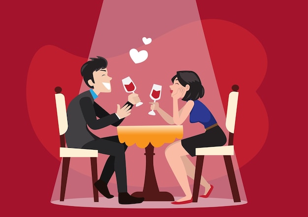 Vector romantic dinner for two men and women holding glasses chatting happily vector illustration