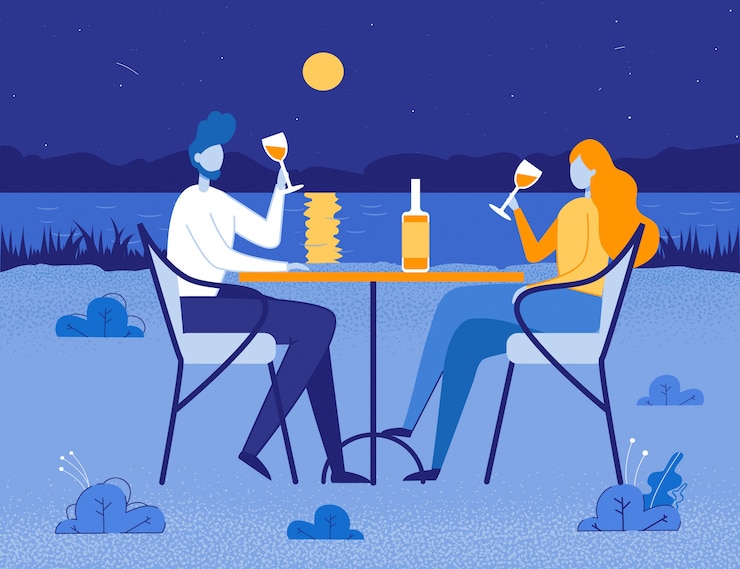 Vector romantic dinner for two on nature at moon night.