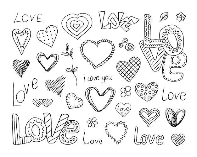 Premium Vector | Romantic doodle set of hearts and lettering love line ...