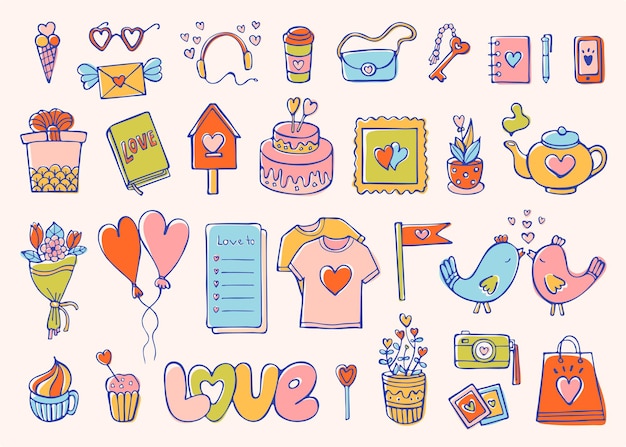 Vector romantic doodle set love and feelings collection of cute elements