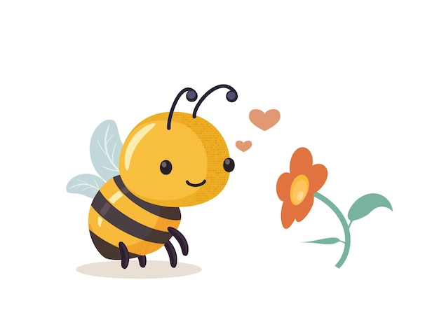 Vector romantic dreaming bee and flower cartoon bee cute character in flat style vector illustration