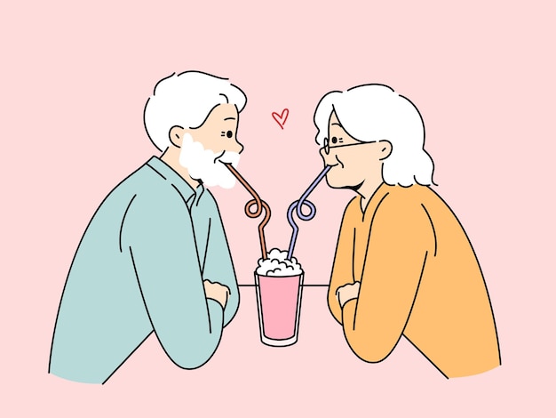 Romantic elderly couple on date drink one cocktail and experience celebrating wedding anniversary Date old people in love celebrating Valentine day in cafe demonstrating loyalty in marriage