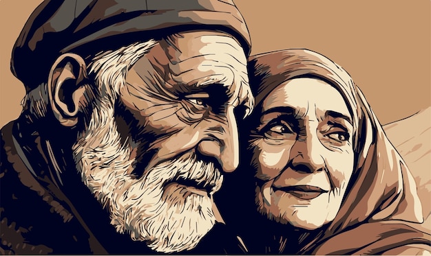 Vector romantic elderly couple growing old together middle east people senior man and woman wearing hijab