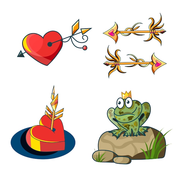 Romantic fairytale set with a princess frog golden arrows and hearts vector illustration