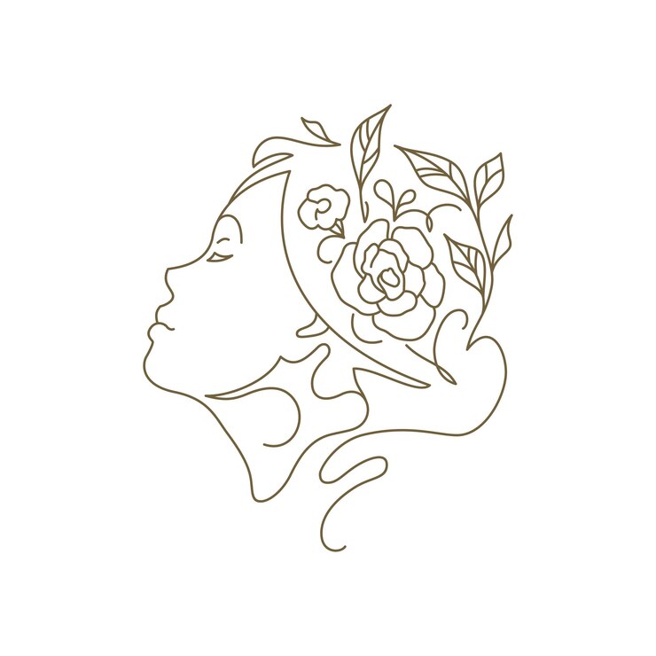 Vector romantic female head with blossom flowers hairstyle minimal continuous line art beauty logo vector illustration woman portrait organic natural botanical floral monochrome icon for wellness
