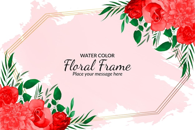 Vector romantic floral frame with red rose's and green leave's with watercolor background premium vector