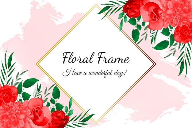 Vector romantic floral frame with red rose's and green leave's with watercolor background premium vector