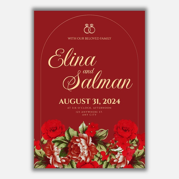 romantic floral maroon wedding invitation elegant vintage style