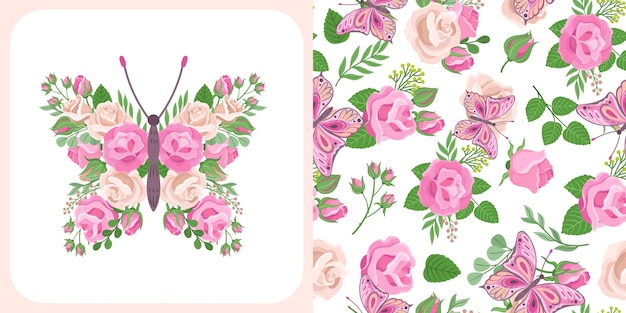 Romantic flower butterfly pink beige roses and green branches and leaves Vintage seamless pattern girly fabric print with butterflies and rose vector graphic design
