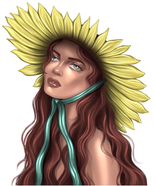 Vector romantic girl in a sunflower hat. summer vibes