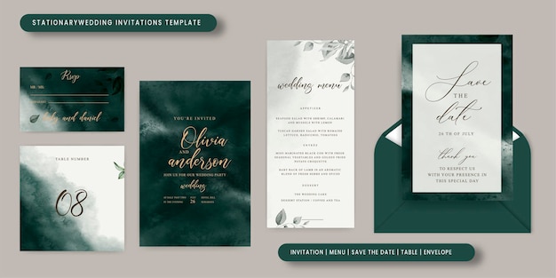 Romantic green watercolor stationary wedding invitation pack with beautiful leaves