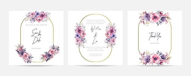 Romantic hand drawn floral wedding invitation card set Beautiful purple peony invitation