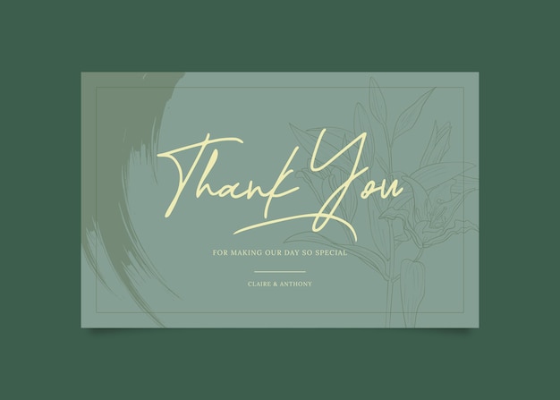 Romantic hand drawn flower thank you card with brush effect. Wedding invitation template.