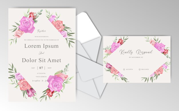 Romantic Hand Drawn Wedding Invitation Cards with Watercolor Greenery and Roses