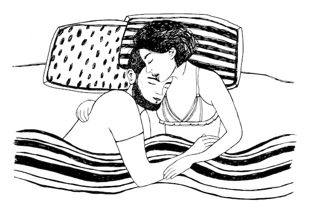 Coppie romantiche felici che dormono sul letto. giovani innamorati illustrazione in bianco e nero