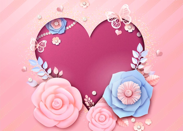 Romantic heart shaped greeting card with and paper flowers decorations in 3d style