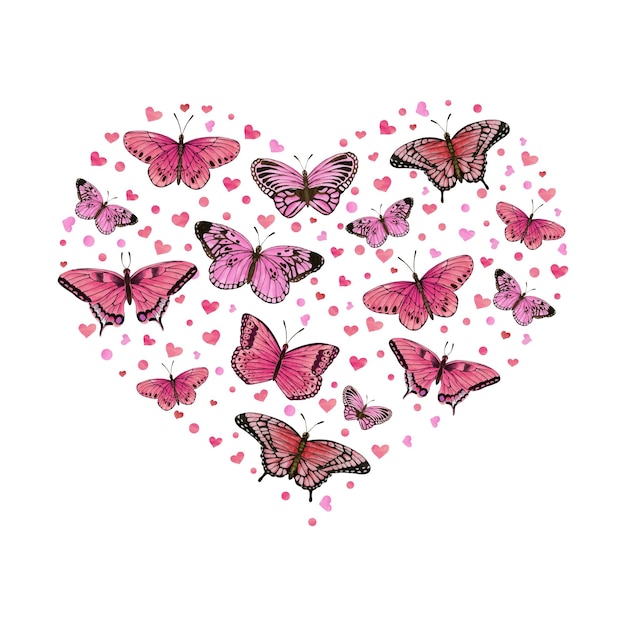 Вектор Романтическая иллюстрация в форме сердца с розовыми бабочками и сердечками